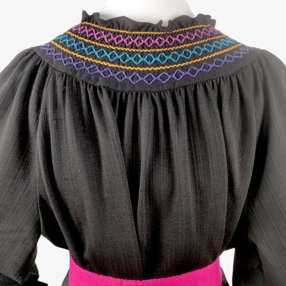 Vintage 1970s 80s Black Mexican Folk Dress Rainbow Smocking Cotton Gauze BOHO Br - Picture 14 of 16